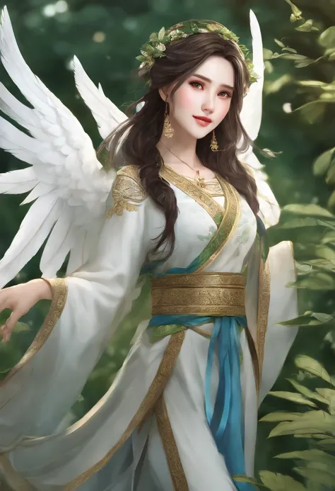 manhwa full body portrait of The Secret of Angel (True Beauty) manhwa , woman , dark brown hair, smiling, flying, olive wreath ,Traditional Thai costume blue green colors , 3D rendering, high quality, realistic, yaongyi style