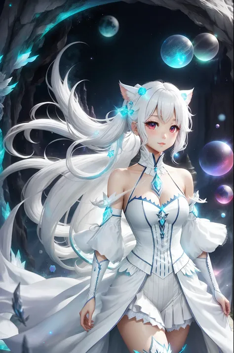 Twin-tailed、White hair、Fantasia、hair on the chest,、White costume、Long wizard costume、White throughout、fullerene