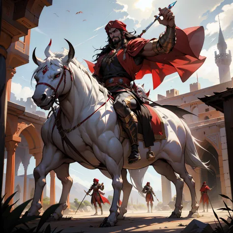 Moroccan Lord Dracula with Red Turban Handsome Muscular Warrior Long Hair White Red Eyes Medieval Crystal Return to His Castle Victorious with His Troops Armed Demon at Noon Super Realistic Super Detailed Dynamic Shot Centerpiece Cinematic Scene Epic Scene...