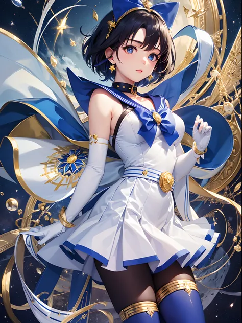 best quality,masterpiece,reality:0.8,1girl ,moonlight,under the moon,at night,rich background,((Ami Mizuno)),(Sailor Mercury,)Sailor suit, magical girl,dark blue hair, blue pupils, White pure blue skirt, blue collar with white stripes, light blue bows on t...