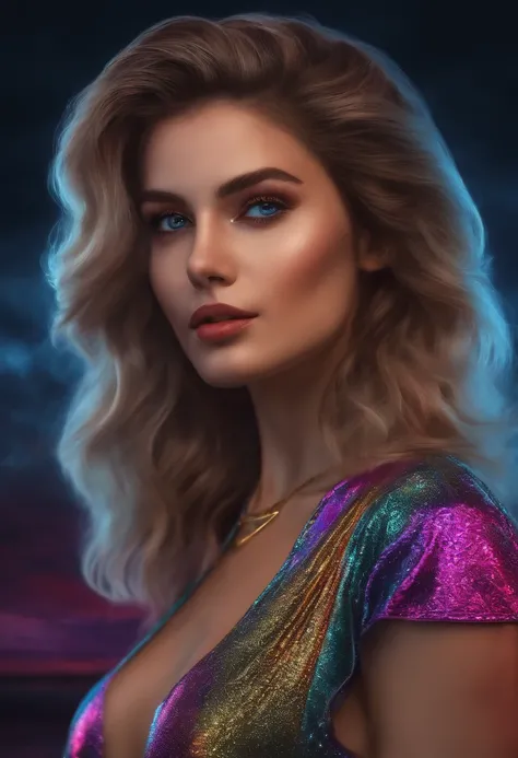 1girl, tema colorido, Synthwave Sky,(best quality, alta qualidade, high resolution), Realistic, ultra-detalhado, highly detailed face features, absurdos,  realistic lighting and reflections, highly detailed face features, see through shirt, melhor foto,Hig...