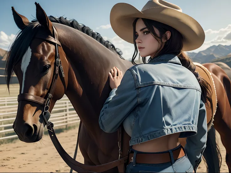 city, woman ((Selena Gomez:Emma Watson :0.8))), Middle Aged Woman,(( Big breasts :1.1)), self-shot, jeans, jacket, elegant, a horse behind, ((A horse in a ranch)) cowboy shot, open field, depth of the field shot taken, centred shot, wide angle shot, horses...