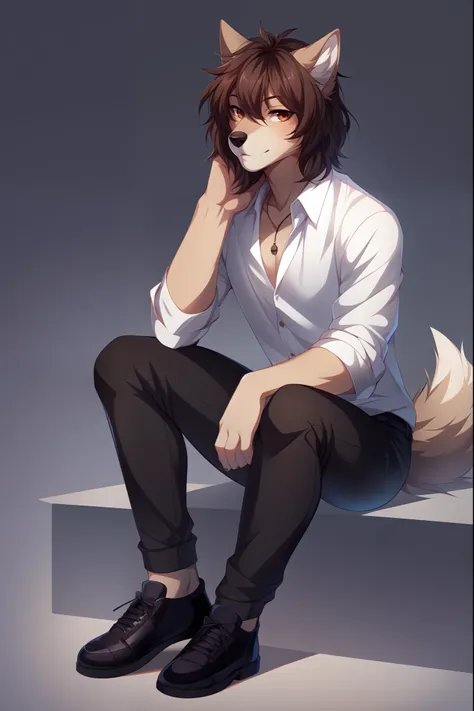 solo:1.3, a cute all tan male wolf, brown shaggy hair, brown eyes, brown wolf tail, black nose, wearing white button up shirt, black jeans, black shoes, tall, simple background, by fumiko, by hyattlen