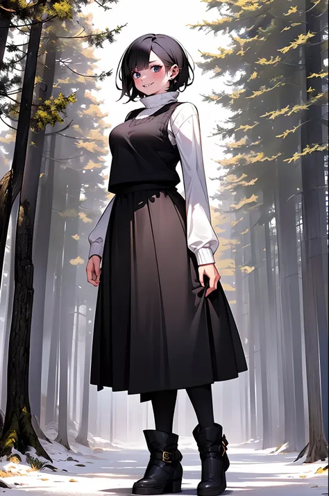 short hair, youngirl,black hair, vest, pullover, dragon horns, sharpteeth, standing, smile, full body , boots, long skirt, winte...