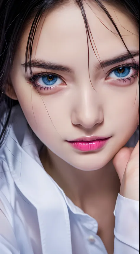 (Best quality,4K,A high resolution,Masterpiece:1.2),Ultra-detailed,Realistic,Black hair,Girl with heterochromia,mischievous expression,Low-neck white-collared shirt,Tiptoeing,Long legs,professional,Portrait,Beautiful detailed eyes,Strong gaze,Sharp focus,V...