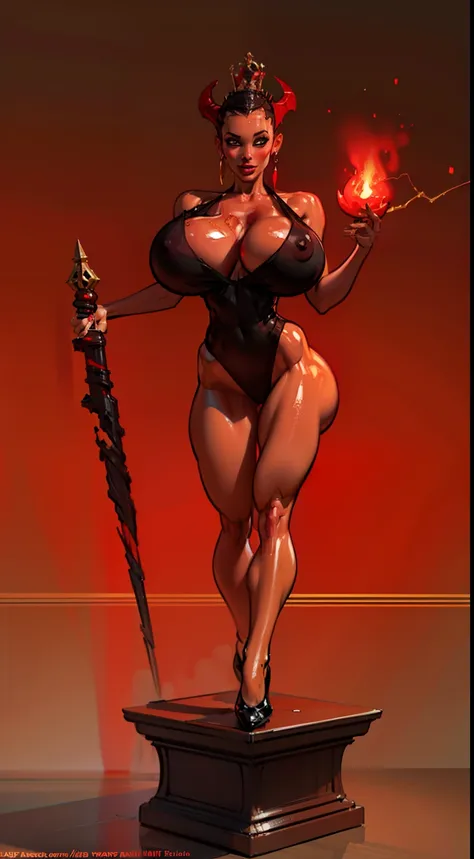 1girl, beautiful (((dark devil empress))), detailed eyes, (((detailed face))), mature face, athletic body, looking at viewers,full body, light smile,(gigantic breasts:1.4)detailed skin, colored skin(dark red skin:1.9), horns on head, (((bald:1.4))), mature...