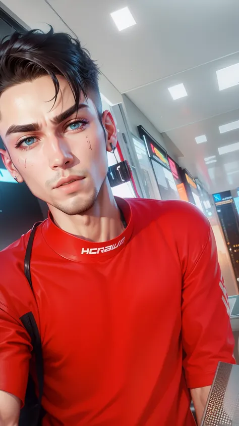 Change background cyberpunk handsome boy realistic face. HD photo