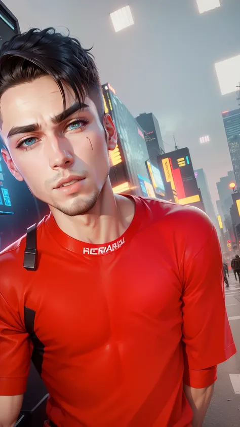 Change background cyberpunk handsome boy realistic face. HD photo