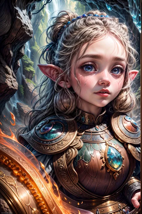 "A breathtaking, (ultra-detailed) painting of a young girl and a dwarf exploring a cave filled with radiant gemstones and liquid metal, their faces filled with awe and wonder. The colors and textures are ((highly realistic)), making it a true masterpiece."