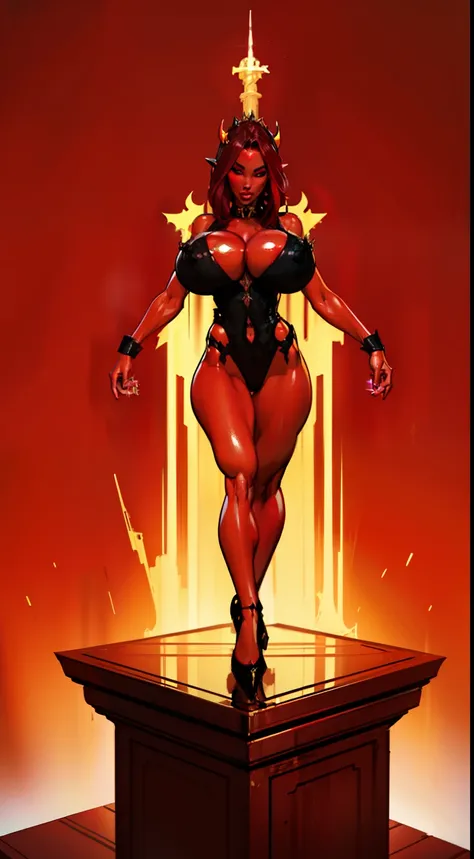 1girl, beautiful (((dark devil empress))), detailed eyes, (((detailed face))), mature face, athletic body, looking at viewers,full body, light smile,(gigantic breasts:1.4)detailed skin, colored skin(dark red skin:1.9), horns on head, (((bald:1.4))), mature...