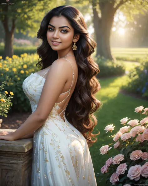 (masterpiece portrait photography:1.4) of a alluring ravishing curvy Nazriya Nazim, posing in a garden , wearing beautiful, wearing strappy vintage ornate mindress, ornate royal garden, (long flowing wavy backlit hair:1.2), fair radiant skin, vivacious, lu...