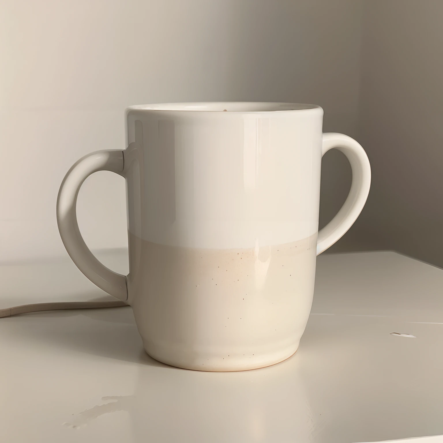 a mug on a white table, ceramic material, realistic, high resolution, clear and detailed, studio lighting, neutral color tone, minimalistic design, reflective surface, handle, comfortable grip, hot coffee steam, minimalistic background, simple composition,...