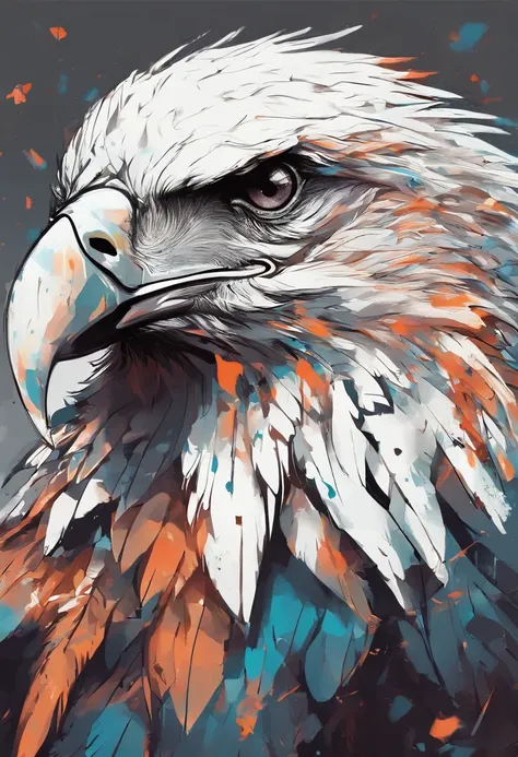 arte splash, An eagles head, ((fundo branco)), olhos penetrantes, epic instagram, art-station, estilo splash de tinta colorida, contorno, hiperdetalhado intricadamente detalhado, Motor irreal, genial, detalhes intrincados, tela inicial, cores complementare...