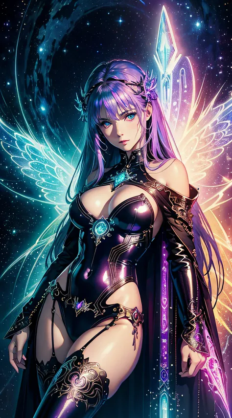 heavenly celestialpunk female, iridescent reflection, intricate details, highest quality, canon lens, photographic details, photo quality, neon color palette, kirlian photography Luis Royo, Gustav Klimt, Andreas Höher