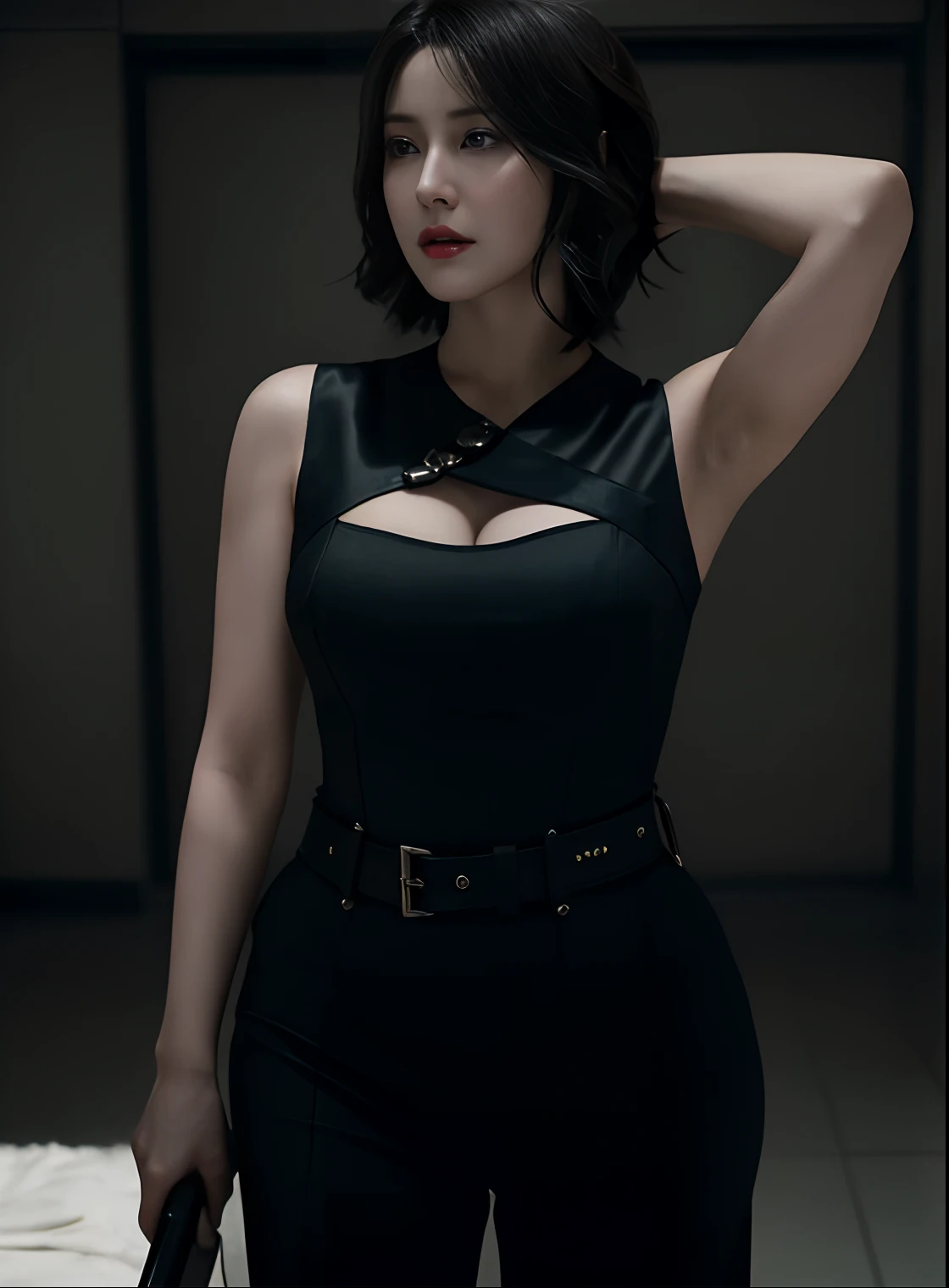 (Highest quality:1.3), cinematic shot, masterpiece, (sharp focus:1.5), (photorealistic:1.3), Ada Wong, 35 years old Woman, revealing clothes, Sexy woman, hot woman, gorgeous character, lusty Beauty, seductive, sensual lust in her beauty, erotic clothes, Ad...