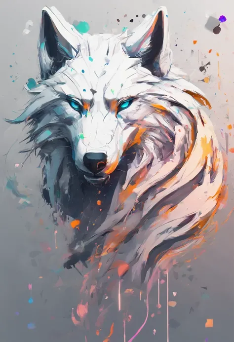 arte splash, a wolf head, ((fundo branco)), olhos penetrantes, epic instagram, art-station, estilo splash de tinta colorida+, contorno, hiperdetalhado intricadamente detalhado, Motor irreal, genial, detalhes intrincados, tela inicial, cores complementares,...