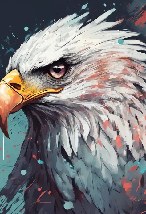 arte splash, An eagles head, ((fundo branco)), olhos penetrantes, epic instagram, art-station, estilo splash de tinta colorida, contorno, hiperdetalhado intricadamente detalhado, Motor irreal, genial, detalhes intrincados, tela inicial, cores complementare...