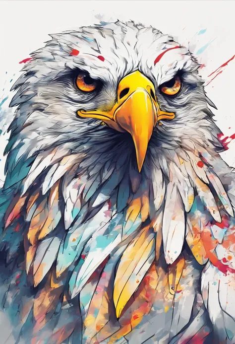 arte splash, An eagles head, ((fundo branco)), olhos penetrantes, epic instagram, art-station, estilo splash de tinta colorida, contorno, hiperdetalhado intricadamente detalhado, Motor irreal, genial, detalhes intrincados, tela inicial, cores complementare...