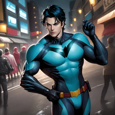 Nightwing im Comicstil steht im Regen