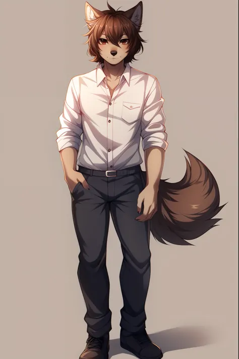 solo:1.3, a cute all tan male wolf, brown shaggy hair, brown eyes, brown wolf tail, black nose, wearing white button up shirt, black jeans, black shoes, tall, simple background, by fumiko, by hyattlen, standing