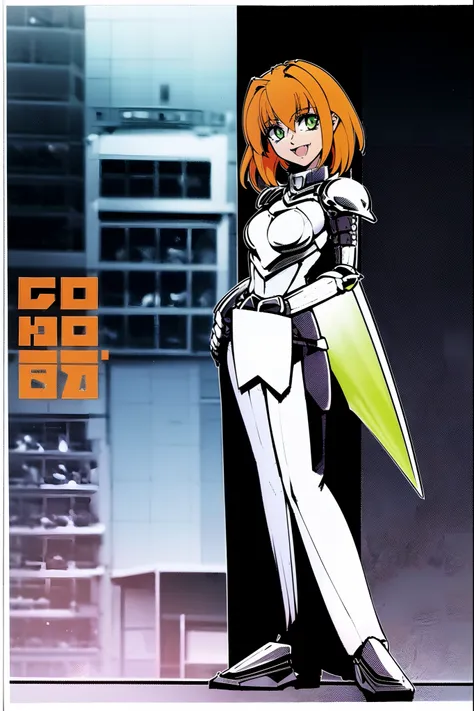 excel, orange hair, smile, fang, open mouth, green eyes,standing, medium breast, pants, pullover, , full body,knight armor, armore, sword holding, fantasy cyberpunk city magic