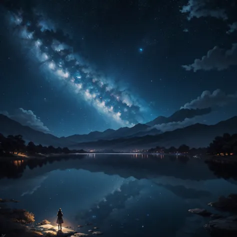 Highly condensed beauty dressed in paintings of stars and moon in the river and sky, concept art inspired by Tosa Mitsuoki, pixiv Competition Winner, Best Quality, Fantasy Art, Beautiful anime scenes, Round of the bright moon, Starry sky environment under ...