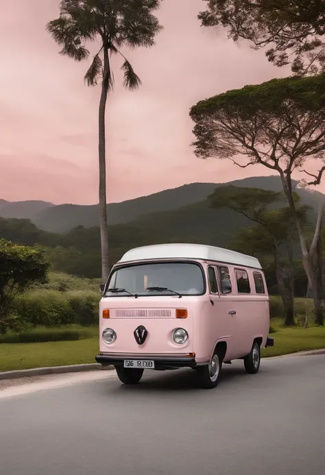 Imagine a modern midsize delivery van parked on a highway. A van tem uma cor predominante de rosa suave, com barras pretas que a contornam, Adding a touch of elegance and contrast. Na lateral direita da van, in an elegant and readable font, it is written i...