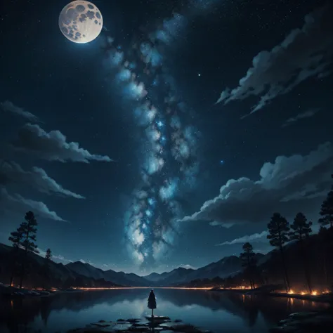 Highly condensed beauty dressed in paintings of stars and moon in the river and sky, concept art inspired by Tosa Mitsuoki, pixiv Competition Winner, Best Quality, Fantasy Art, Beautiful anime scenes, Round of the bright moon, Starry sky environment under ...