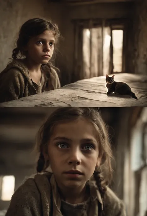 (((Best Quality))), high detailing, depth of fields, Focus: 1.2, Cat and post-apocalyptic 10-year-old girl, tired eyes, Fine eyes, Big eyes, Tattered and rotten clothes, Hair tangled in rags, The skin is damaged by dirt and dirt, Abandoned, Dark room with ...