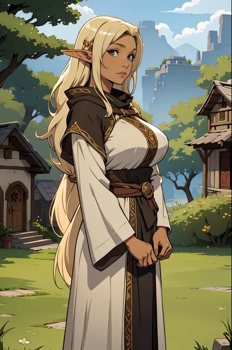 Solo, female, bard, standing, looking at viewer, tan skin, fantasy village, linen tunic, cloak, mature, big breasts, elf ears