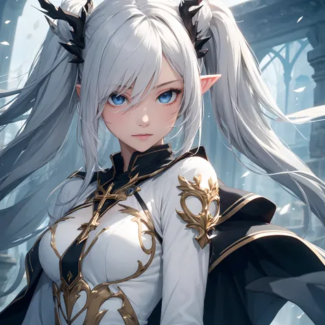 Twin-tailed　White hair　sorcerer　girl
One、sorcerer、elvish、west
Bunching hair、Hair tied from side to side、Strands of hair、Hair bunched up to the left and right、Not a、
Upper body close-up, Druidic female elves,  Blue Eyes, Multiple Stitched Layer Cross Armor,...