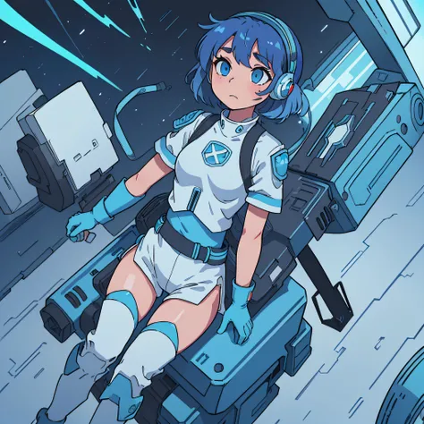 (masutepiece, Highest Quality, Top resolution, Distinct_image, Detailed details): (Solo, Lone Girl, Japan face, Blue-haired girl, Short hair, Full body figure, Small sized breasts, Glowing blue colored eyes, White and blue pilot suit in metallic tones, Bla...