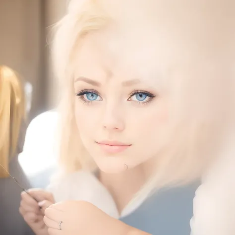 Femme blonde avec veste bleue prenant un selfie dans la rue de la ville, 30-year-old french woman, Alexandra Waliszewska, cheveux blonds et grands yeux, cheveux blonds et yeux bleus, cheveux blonds yeux bleus, french girl, par Emma Andijewska, Swedish blon...