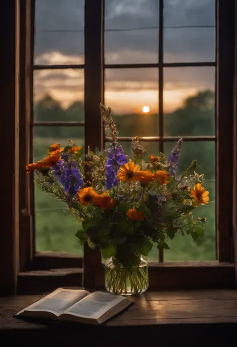 bouquet of wild flowers, open window with stormy sky, Old wooden table, romance, backlight, Ray Tracing, f/16, canon, Masterpiece, high quality, 8k stained glass, raven, Open book, full moon, candle, Art Deco, Gothic art, Reflective light, diffraction peak...