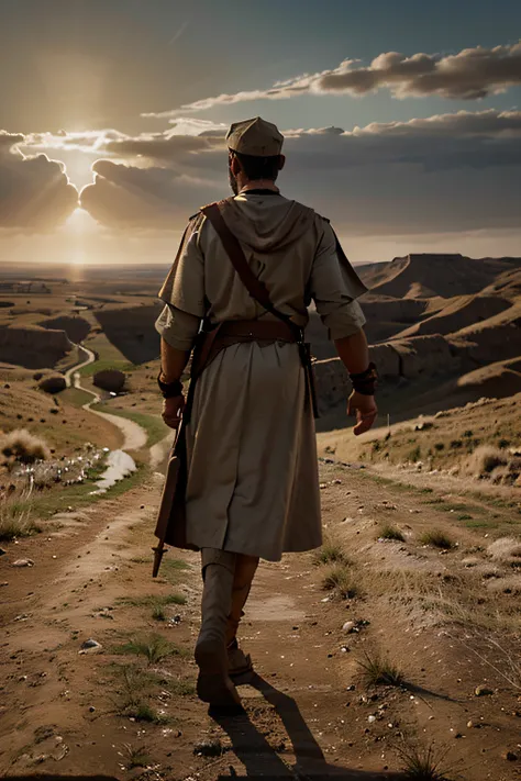 Create a visual representation of Abrahams journey from his homeland, with Gods guidance, toward the Promised Land. Highlight the landscapes, characters, and key moments of this biblical story, capturing the faith, courage, and divine promise that shaped t...