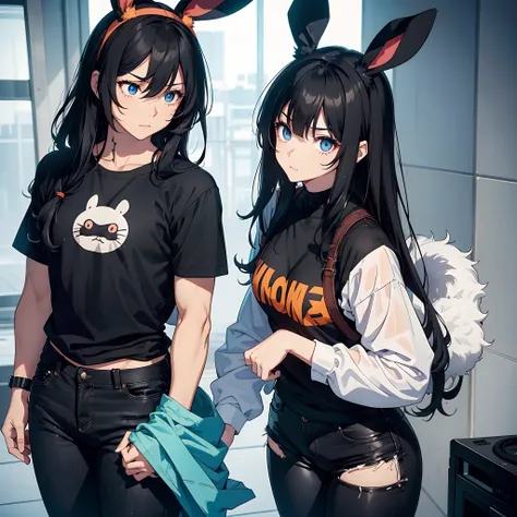 In this image there are two people, one will be a girl with long black hair with bangs, wearing a very colorful female band outfit, black pants, on her face she will be wearing a rabbit mask, and by her side there will be a man. very tall and muscular with...