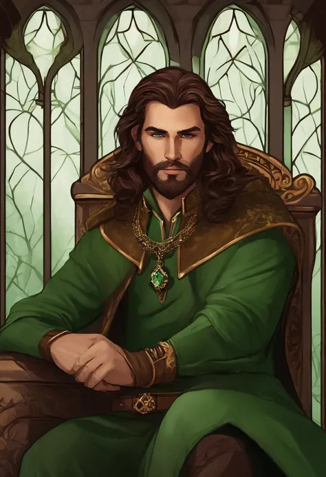 "Create an image of my 35-year-old King D&D character with green eyes, medium length brown hair. The character is sitting on a throne. Please provide a detailed illustration for our campaign."