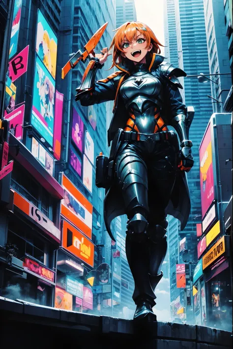 excel, orange hair, smile, fang, open mouth, green eyes,standing, medium breast, pants, pullover, , full body,knight armor, armore, sword holding, fantasy cyberpunk city magic