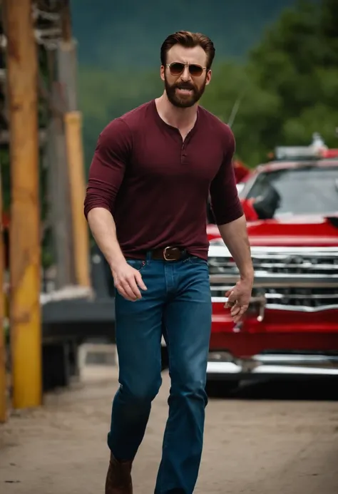 Chris Evans wearing a red shirt and blue jeans, the shirt is tucked in and he has sweaty hair and a beard