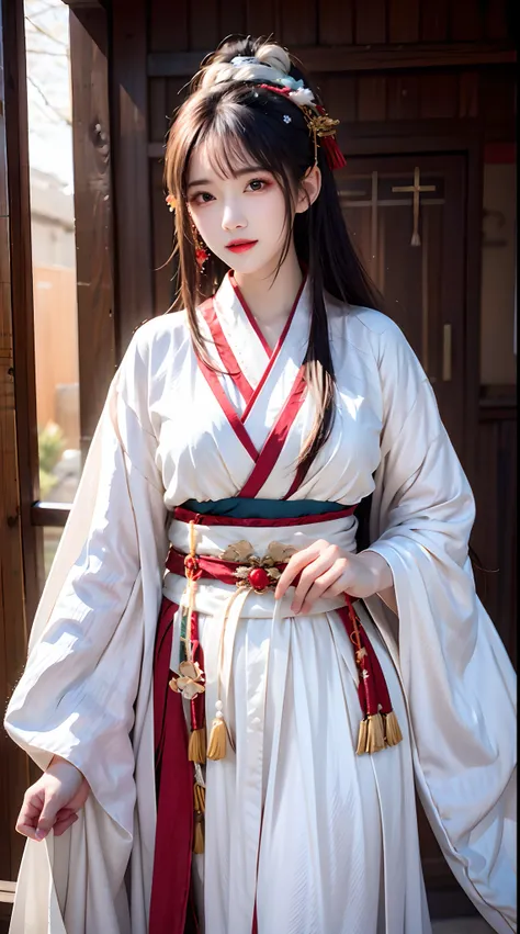 high resolution, 1women, solo, shining skin, jewelry, waist up, white hair, hanfu, taoist robe, cherry blossom