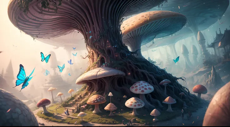 "Magical encounter, closeup young girl exploring, gigantic mushroom, ethereal butterflies, misty wonderland, enchanting details"