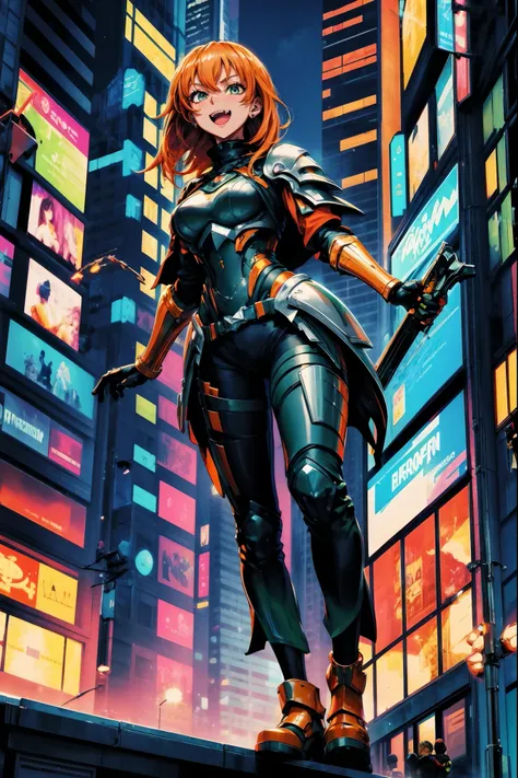 excel, orange hair, smile, fang, open mouth, green eyes,standing, medium breast, pants, pullover, , full body,knight armor, armore, sword holding, fantasy cyberpunk city magic