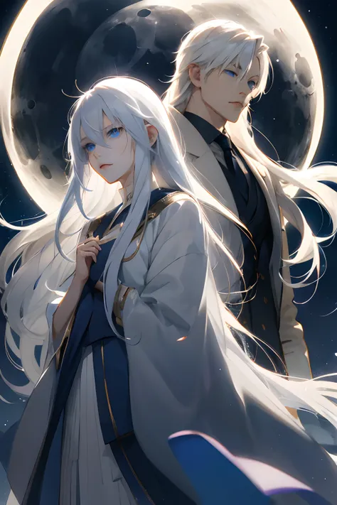 Anime girl with long white hair standing next to a identical twin brother, moonlight shinning, beautiful background, girl with round chest, male with short hair, both with blue eyes and pale skin,