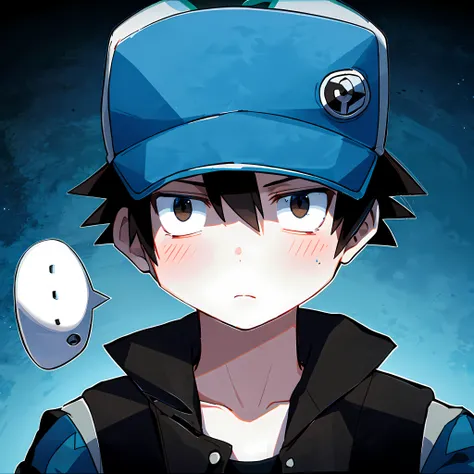 A boy with light brown eyes and light brown hair with a (black) forward cap and black jacket with red pokemon anime-style details, and background a red starry sky