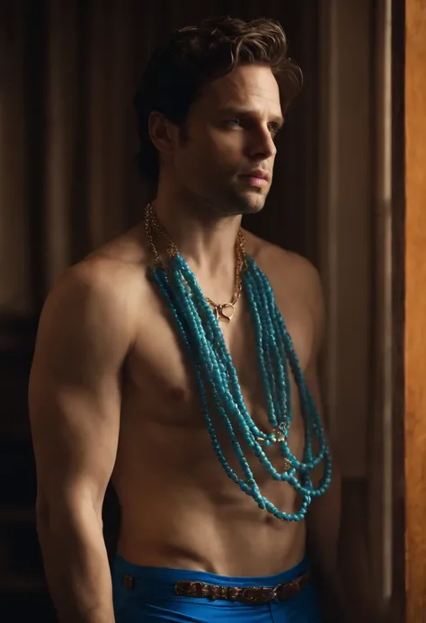 Sebastian stan shirtless in blue boxers, a chain hanging round his neck