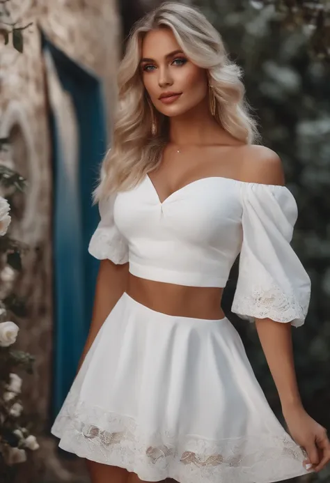 realistic white female instagram influencer, best quality, blonde, 1 girl, blue eyes, in white tight short dress