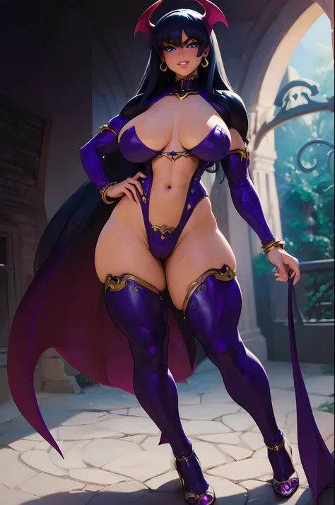 (best quality,masterpiece:1.2),intricate details,beautiful detailed eyes,beautiful detailed lips,extremely detailed eyes and face,longeyelashes,darkstalkers_lilith modeseven,super curvy,comic style,vibrant colors,standing,innocent, full body, standing, smi...