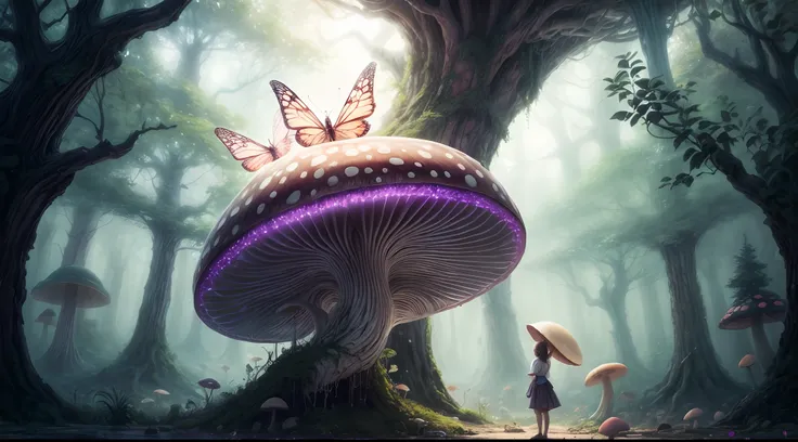 "Magical encounter, closeup young girl exploring, gigantic mushroom, ethereal butterflies, misty wonderland, enchanting details"