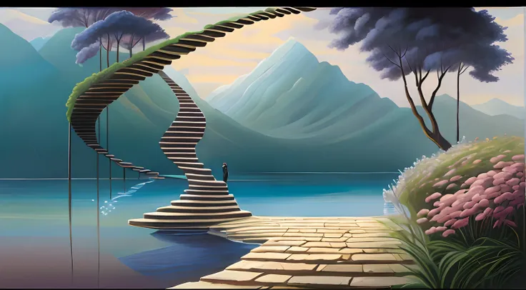 Painting of a man standing on a stone path near a lake, uma pintura surrealista inspirada em Vladimir Kush, Vencedor do concurso CG Society, Surrealismo, Jim Warren e Rob Gonsalves, surrealismthe epic oil painting 8k, Rob Gonsalves e Tim White, illusion su...