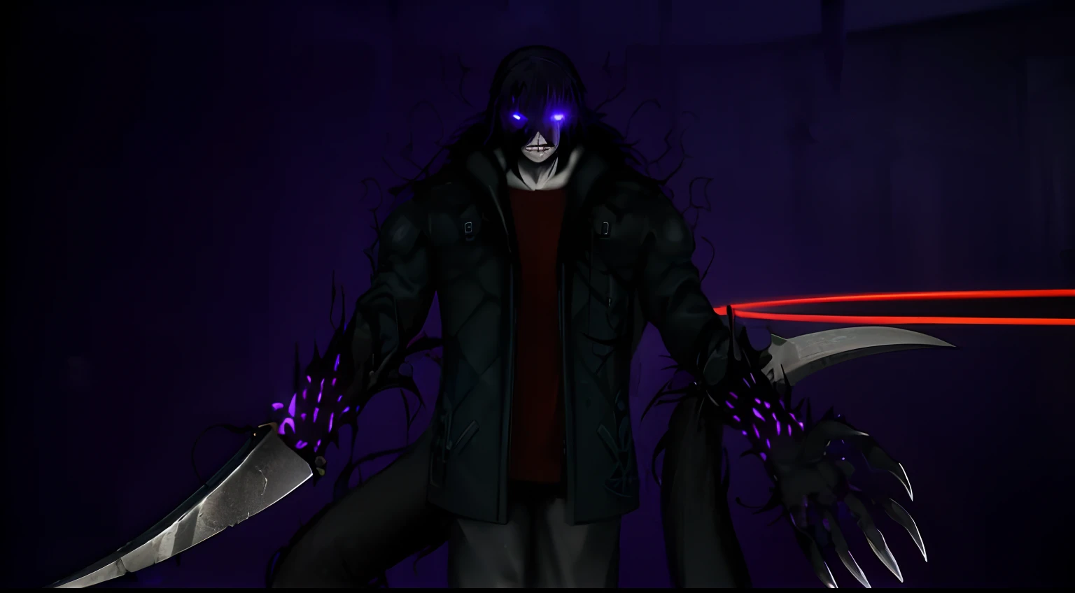 arafed image of a person with a knife and a purple light, gapmoe yandere grimdark, nightmare digital art, reaper of night!!!!, twisted god with no face, epic anime style, dark but detailed digital art, nightmare render, demonic atmosphere, with red glowing...